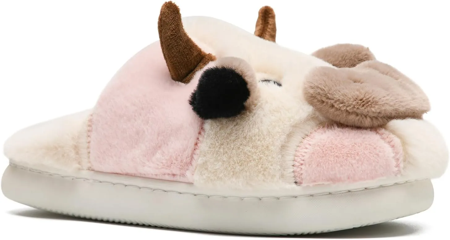 sharllen Fuzzy Cow Slippers for Kids Cute Fluffy Cow Kids House Slippers Toddler Girls Boys Animal Cartoon House Shoes for Indoor Outdoor