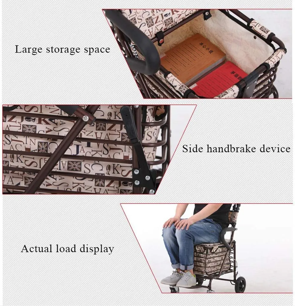 Shopping Trolley Carbon Steel Cart, Premium Folding Shopping Cart with Swivel Wheel and Flannel Bag Utility Old Trolley Four-Wheeled Walker Elderly Stroller