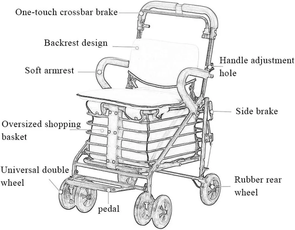 Shopping Trolley Carbon Steel Cart, Premium Folding Shopping Cart with Swivel Wheel and Flannel Bag Utility Old Trolley Four-Wheeled Walker Elderly Stroller