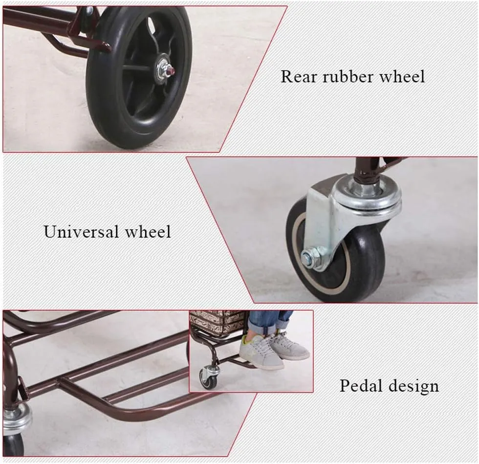 Shopping Trolley Carbon Steel Cart, Premium Folding Shopping Cart with Swivel Wheel and Flannel Bag Utility Old Trolley Four-Wheeled Walker Elderly Stroller