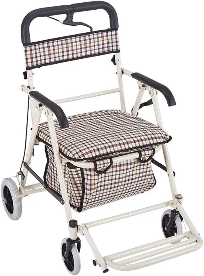 Shopping Trolley Elderly Walker Wheelchair Four-Wheeled Trolley Household Grocery Shopping Cart,with Seat   Pedal, Side Brake