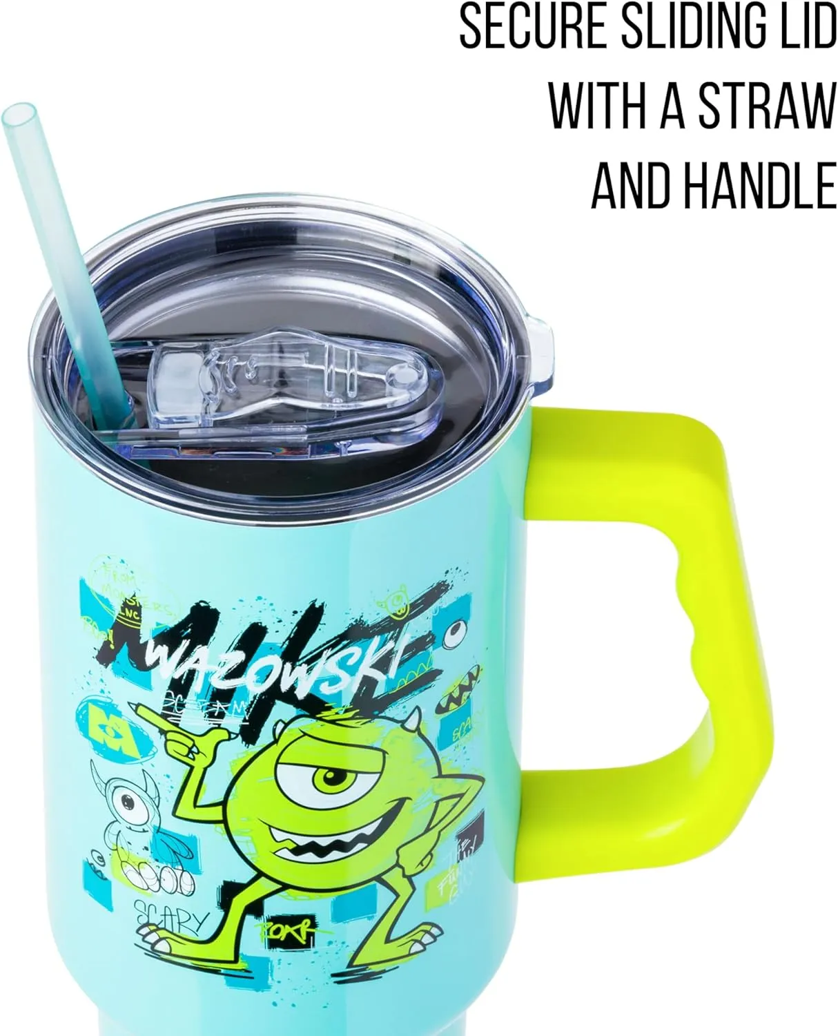 Silver Buffalo Disney Pixar Monsters Inc Featuring Mike Wazowski Scary Stainless Steel Tumbler with Handle and Straw, Fits in Standard Cup Holder, 40 Ounces