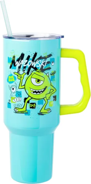 Silver Buffalo Disney Pixar Monsters Inc Featuring Mike Wazowski Scary Stainless Steel Tumbler with Handle and Straw, Fits in Standard Cup Holder, 40 Ounces
