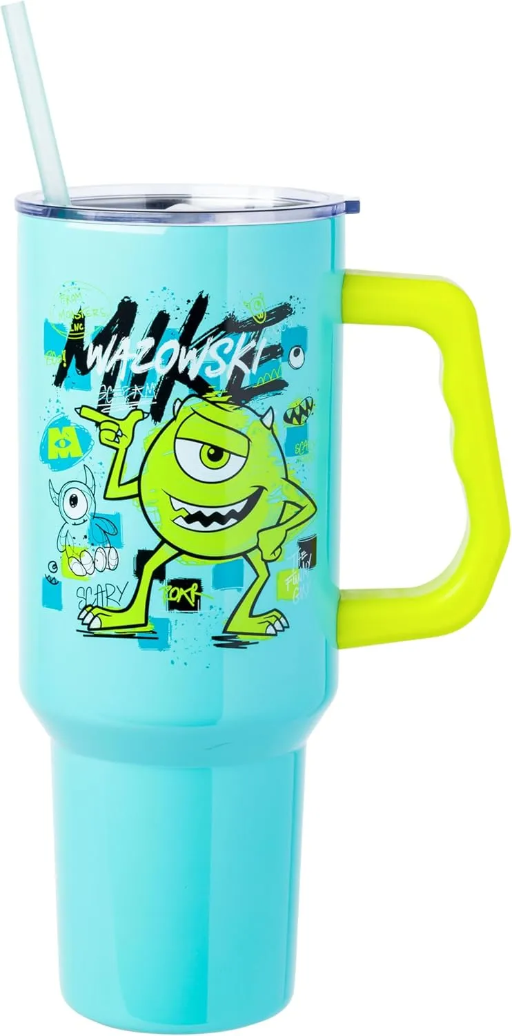 Silver Buffalo Disney Pixar Monsters Inc Featuring Mike Wazowski Scary Stainless Steel Tumbler with Handle and Straw, Fits in Standard Cup Holder, 40 Ounces