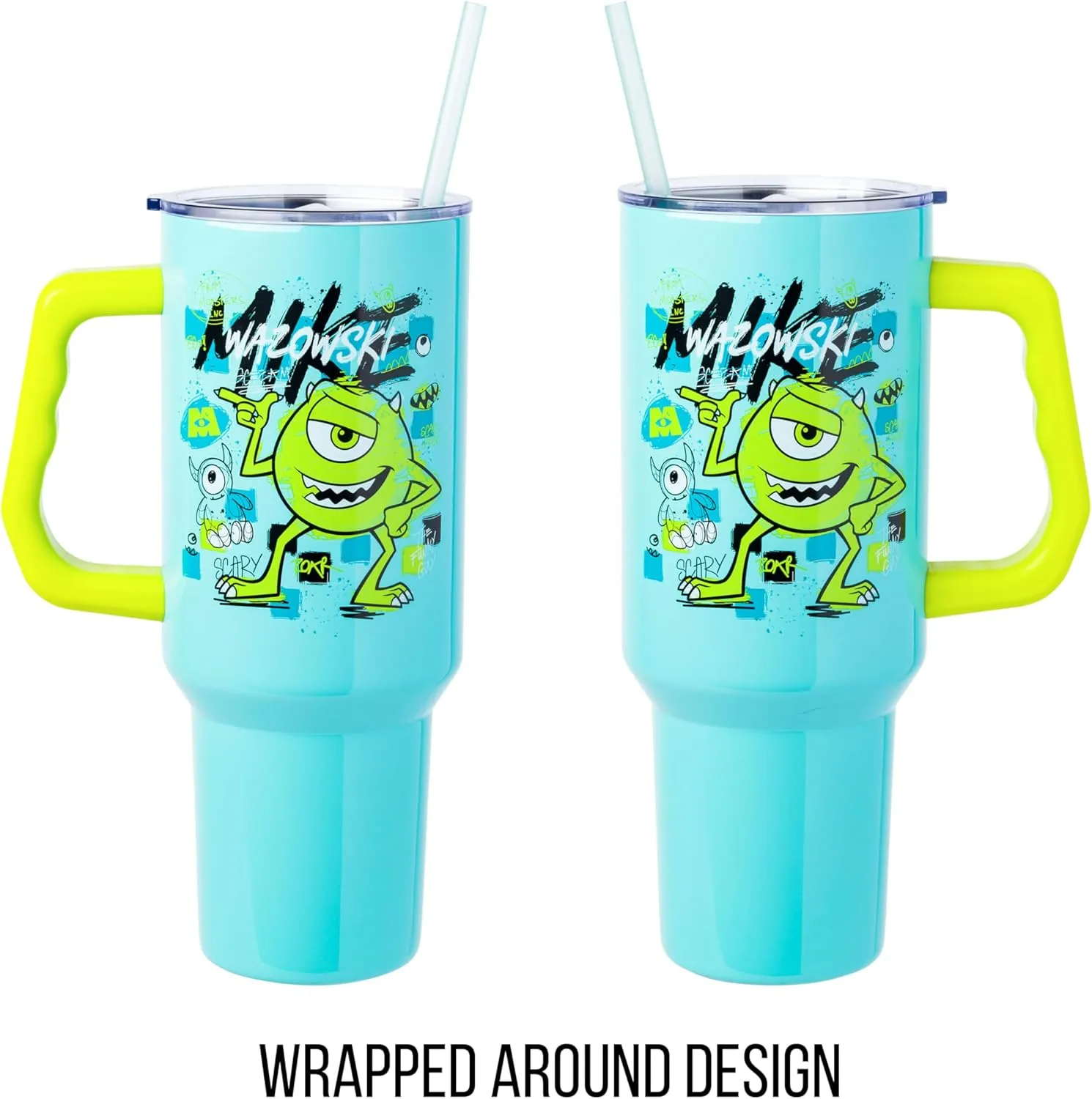 Silver Buffalo Disney Pixar Monsters Inc Featuring Mike Wazowski Scary Stainless Steel Tumbler with Handle and Straw, Fits in Standard Cup Holder, 40 Ounces