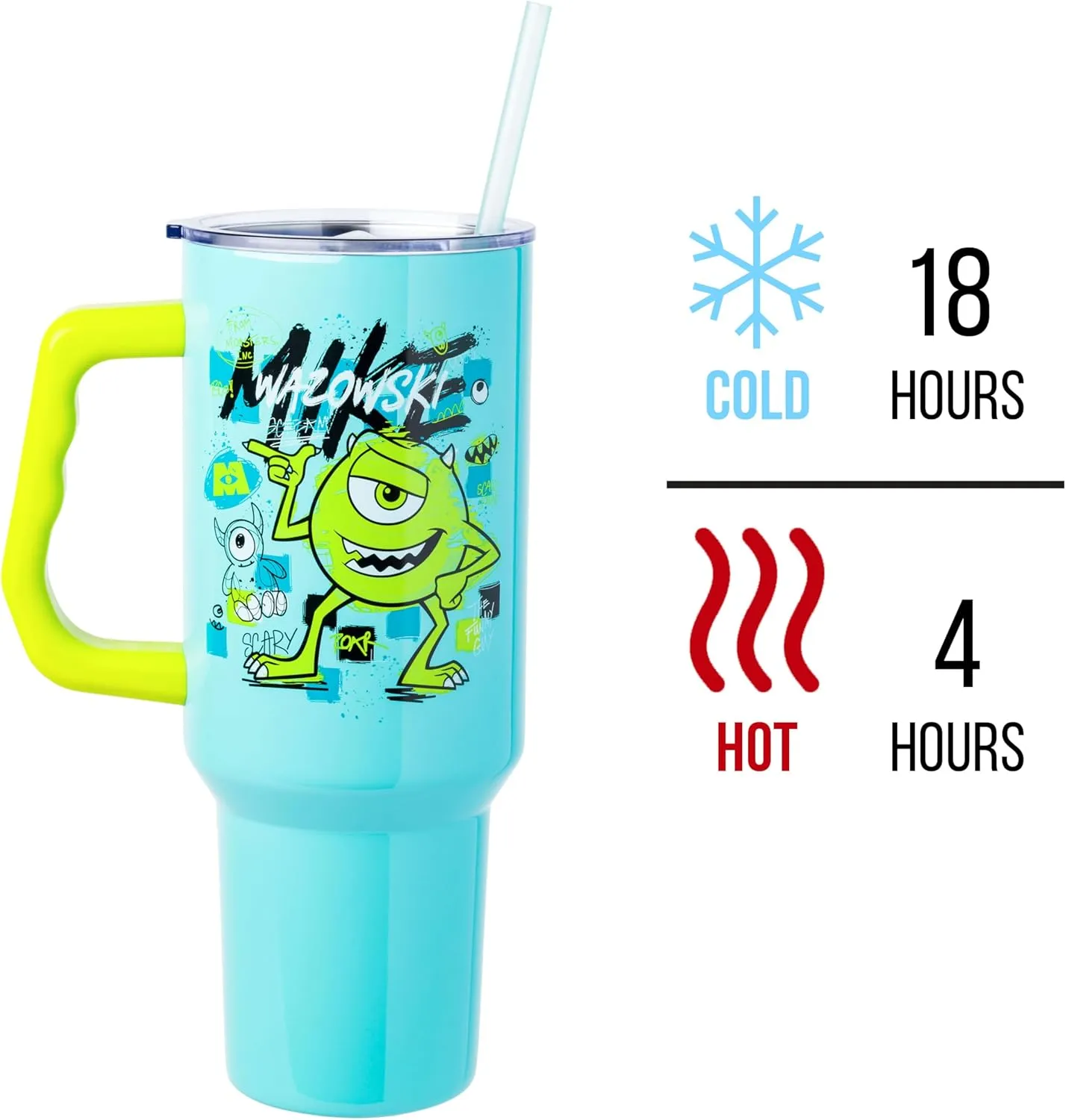 Silver Buffalo Disney Pixar Monsters Inc Featuring Mike Wazowski Scary Stainless Steel Tumbler with Handle and Straw, Fits in Standard Cup Holder, 40 Ounces