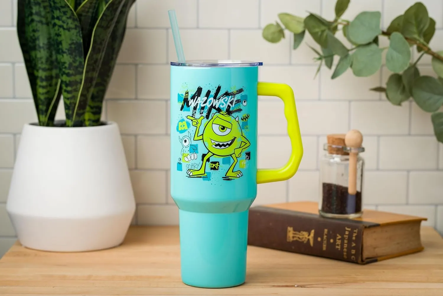 Silver Buffalo Disney Pixar Monsters Inc Featuring Mike Wazowski Scary Stainless Steel Tumbler with Handle and Straw, Fits in Standard Cup Holder, 40 Ounces