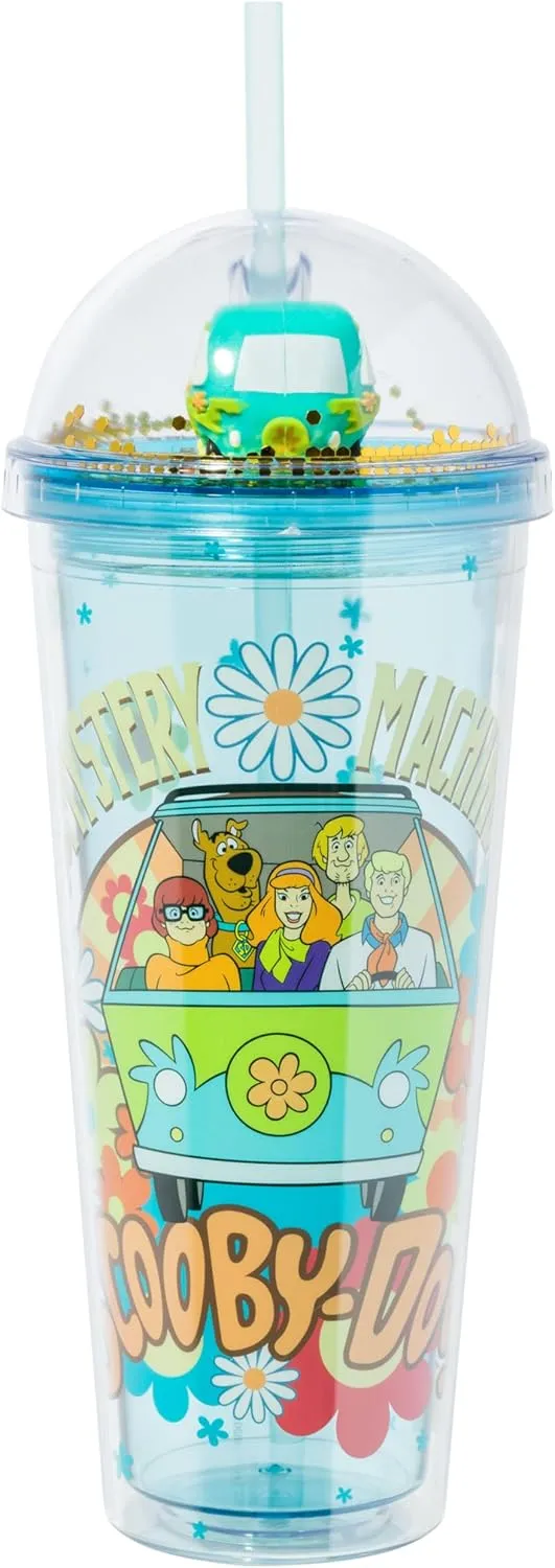 Silver Buffalo Scooby Doo Mystery Machine Featuring Shaggy, Velma, Daphne, and Fred Dome Glitter Top Travel Tumbler, 24 Ounces