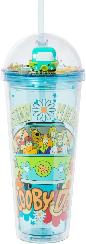 Silver Buffalo Scooby Doo Mystery Machine Featuring Shaggy, Velma, Daphne, and Fred Dome Glitter Top Travel Tumbler, 24 Ounces