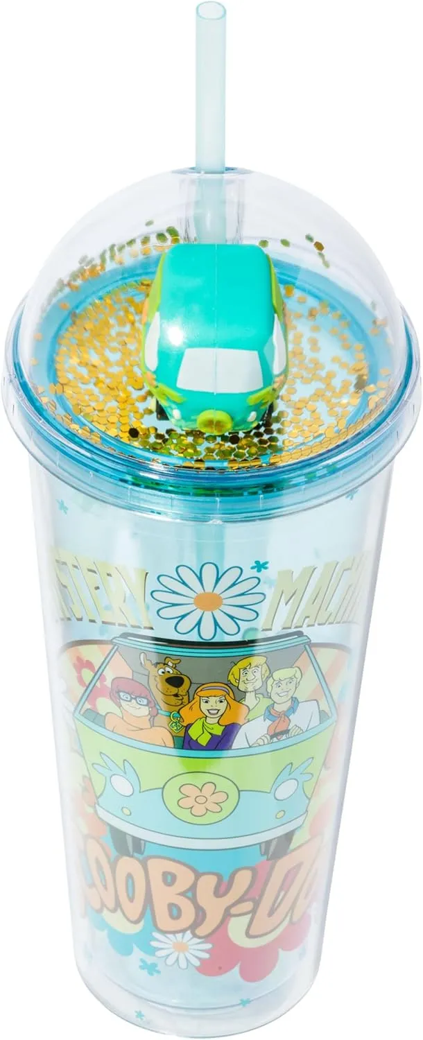 Silver Buffalo Scooby Doo Mystery Machine Featuring Shaggy, Velma, Daphne, and Fred Dome Glitter Top Travel Tumbler, 24 Ounces