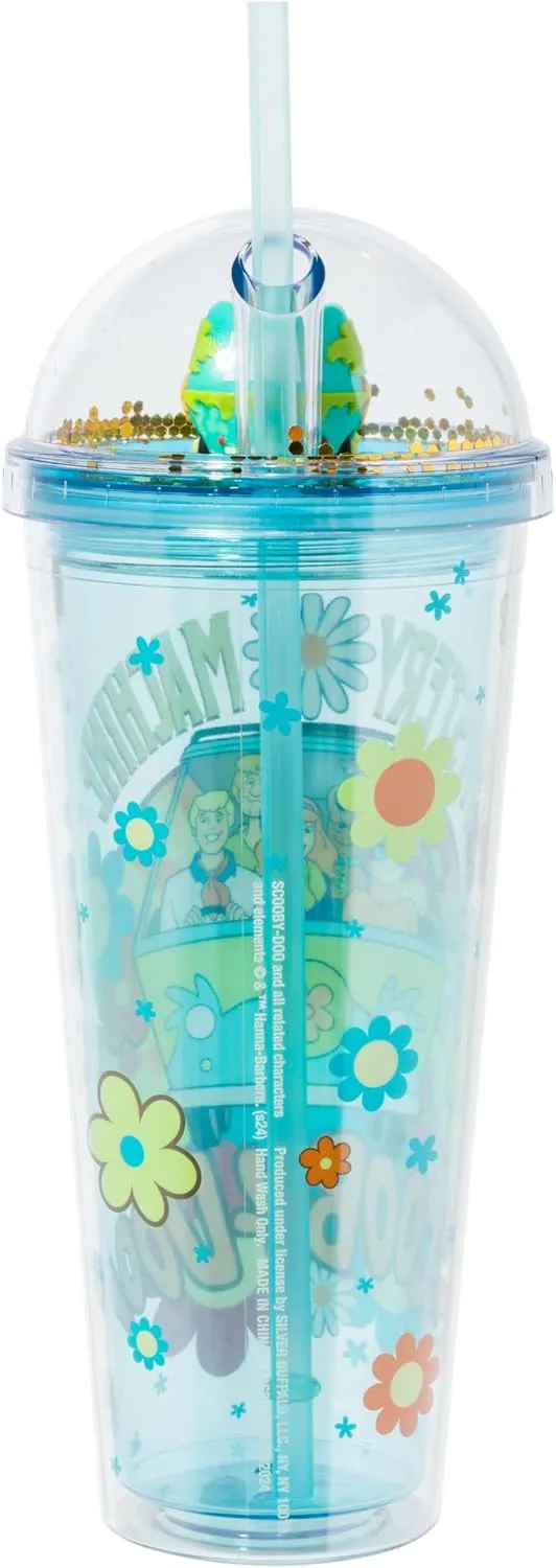 Silver Buffalo Scooby Doo Mystery Machine Featuring Shaggy, Velma, Daphne, and Fred Dome Glitter Top Travel Tumbler, 24 Ounces
