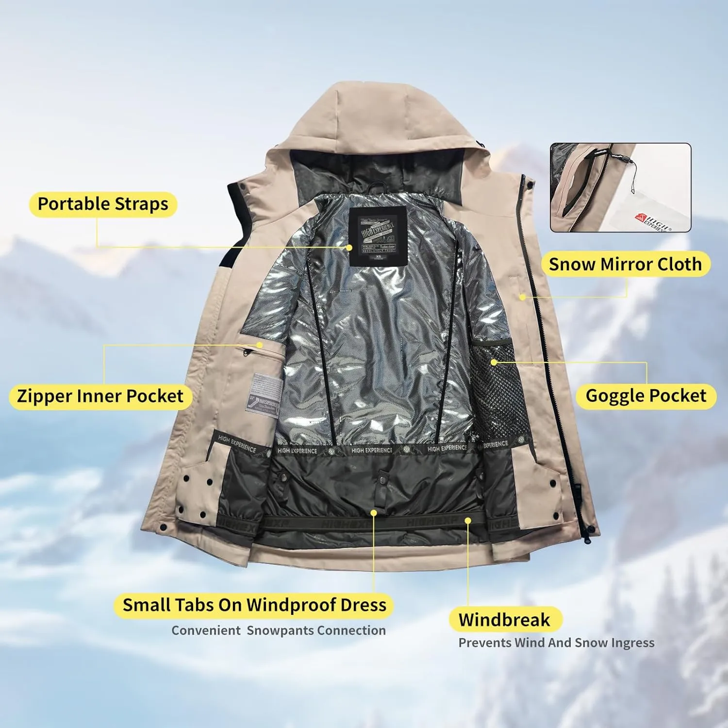 Ski Jacket Snowboard Coat Snow Winter Waterproof Insulated Windproof Baggy Warm Hooded Jacket for Men Women