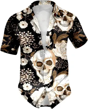 Skull Print Men's Shirts Halloween Retro Dark Style Short Sleeve Shirt Casual Button Down Funny Graphic Tops