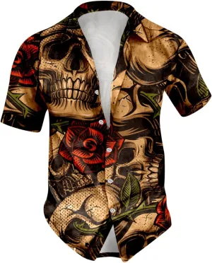 Skull Print Men's Shirts Halloween Retro Dark Style Short Sleeve Shirt Casual Button Down Funny Graphic Tops