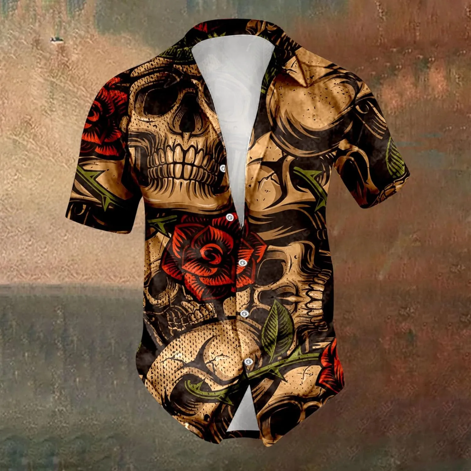 Skull Print Men's Shirts Halloween Retro Dark Style Short Sleeve Shirt Casual Button Down Funny Graphic Tops