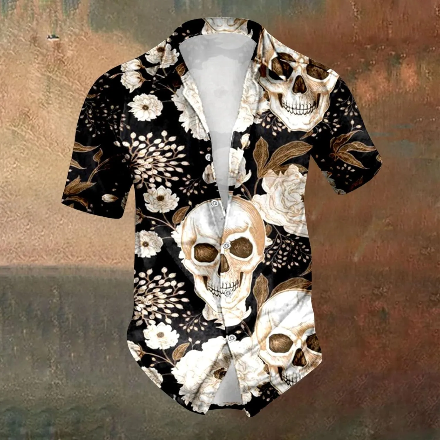 Skull Print Men's Shirts Halloween Retro Dark Style Short Sleeve Shirt Casual Button Down Funny Graphic Tops