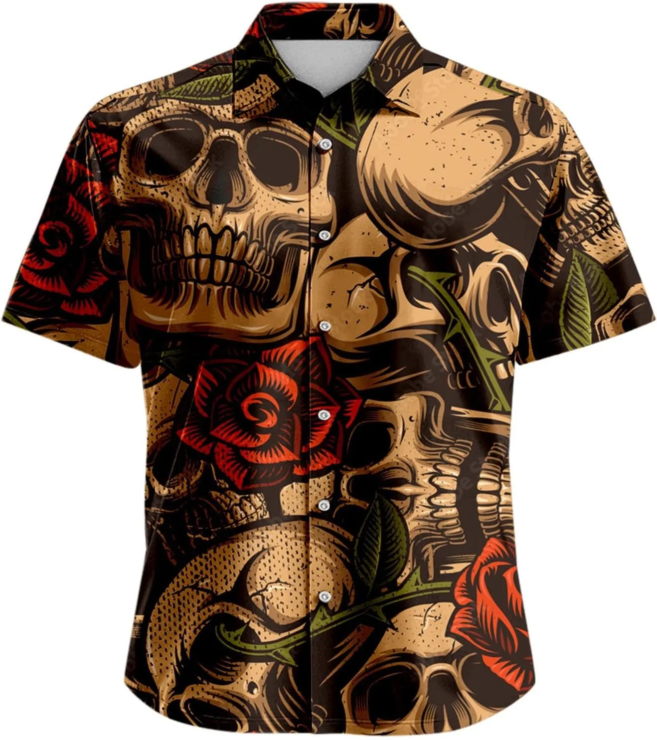 Skull Print Men's Shirts Halloween Retro Dark Style Short Sleeve Shirt Casual Button Down Funny Graphic Tops