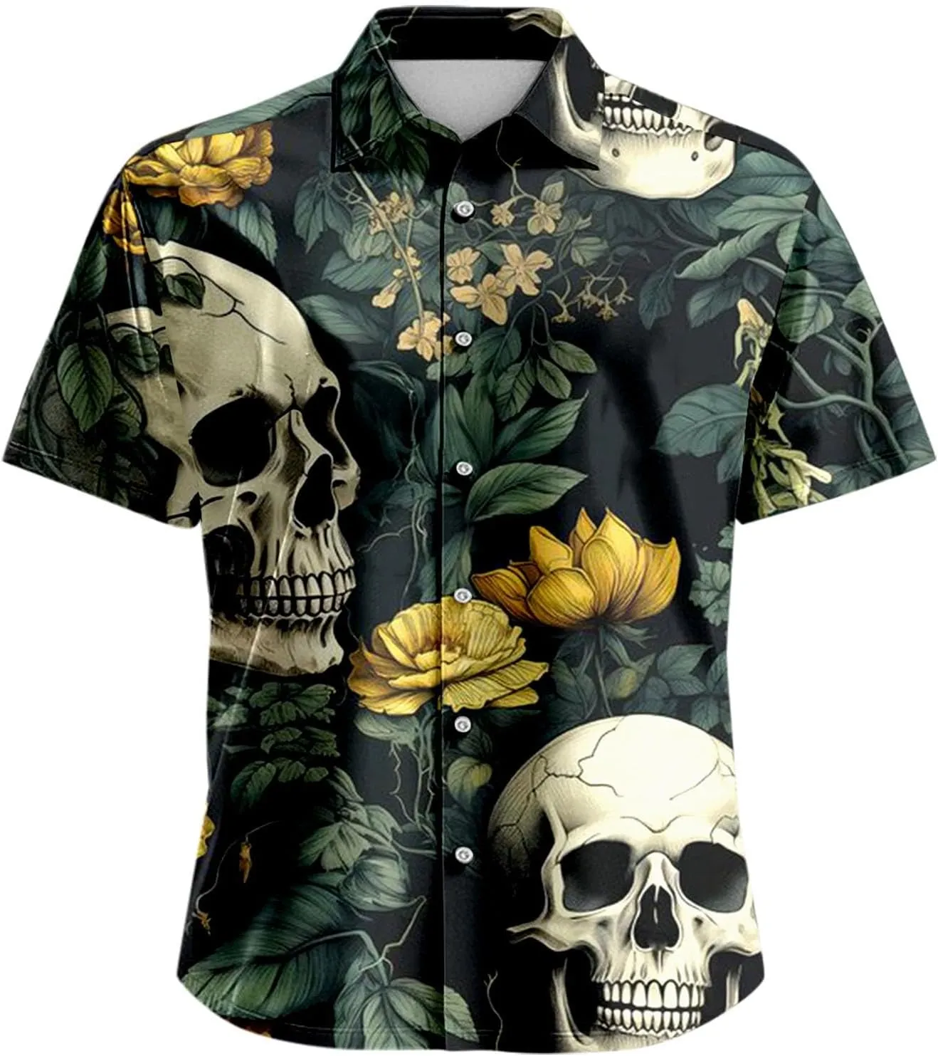 Skull Print Men's Shirts Halloween Retro Dark Style Short Sleeve Shirt Casual Button Down Funny Graphic Tops