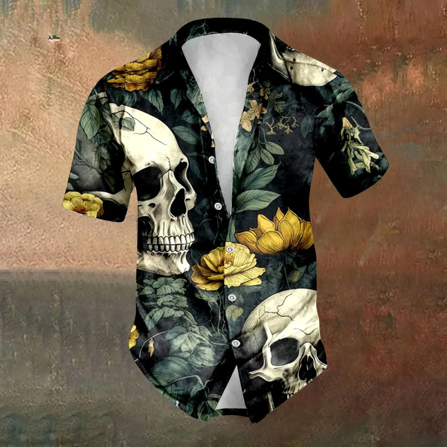 Skull Print Men's Shirts Halloween Retro Dark Style Short Sleeve Shirt Casual Button Down Funny Graphic Tops