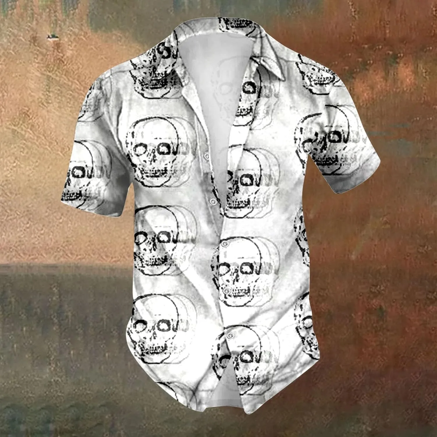 Skull Print Men's Shirts Halloween Retro Dark Style Short Sleeve Shirt Casual Button Down Funny Graphic Tops