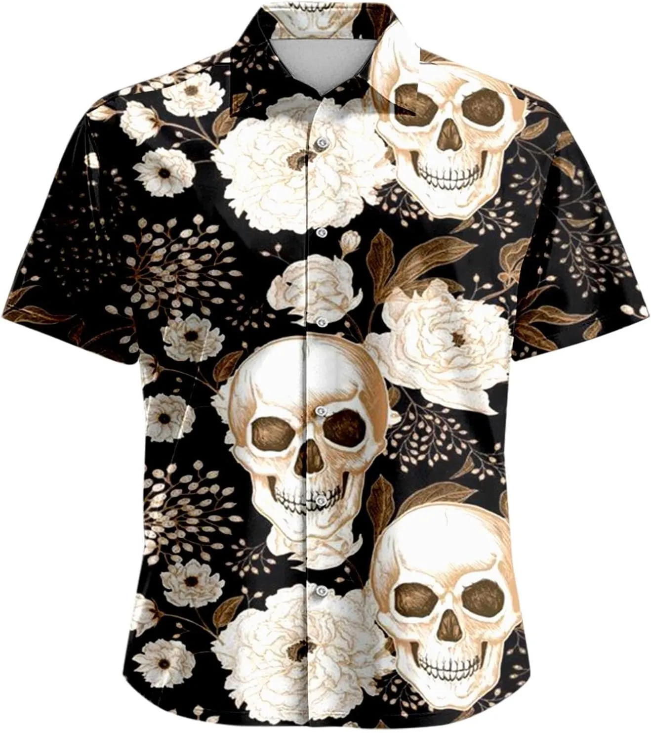 Skull Print Men's Shirts Halloween Retro Dark Style Short Sleeve Shirt Casual Button Down Funny Graphic Tops