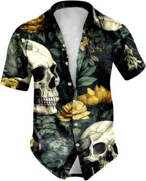 Skull Print Men's Shirts Halloween Retro Dark Style Short Sleeve Shirt Casual Button Down Funny Graphic Tops
