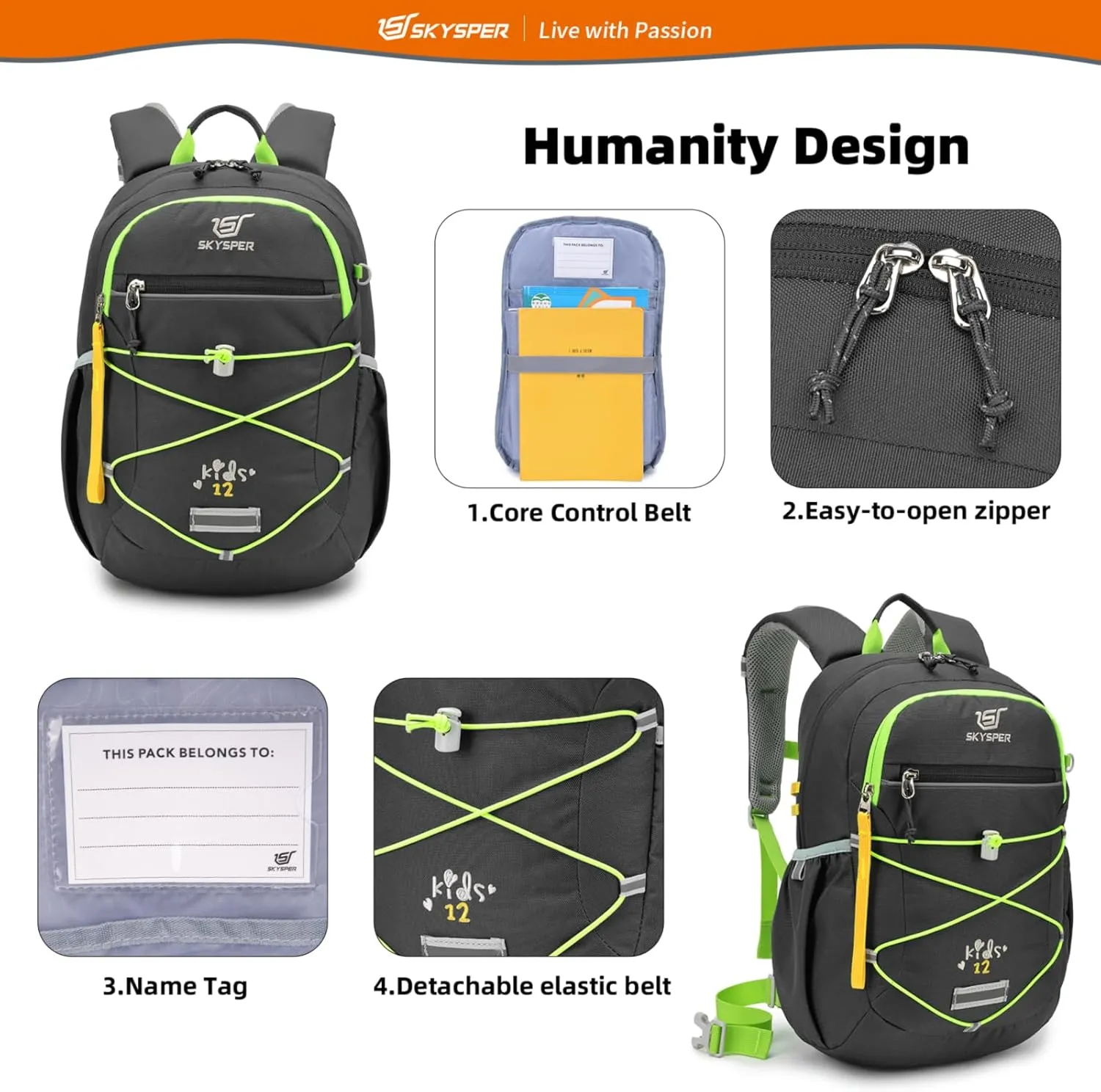 SKYSPER Kids Backpack 12L Children School Bag Child Boy Girl Pack Ages 4-8 for Traveling Day Trips Classes Camping(Grey)