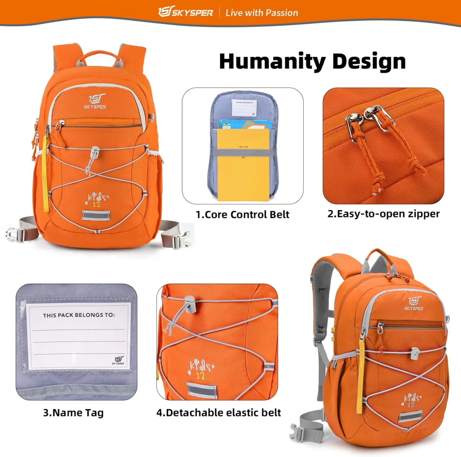 SKYSPER Kids Backpack 12L Children School Bag Child Boy Girl Pack Ages 4-8 for Traveling Day Trips Classes Camping(Orange)