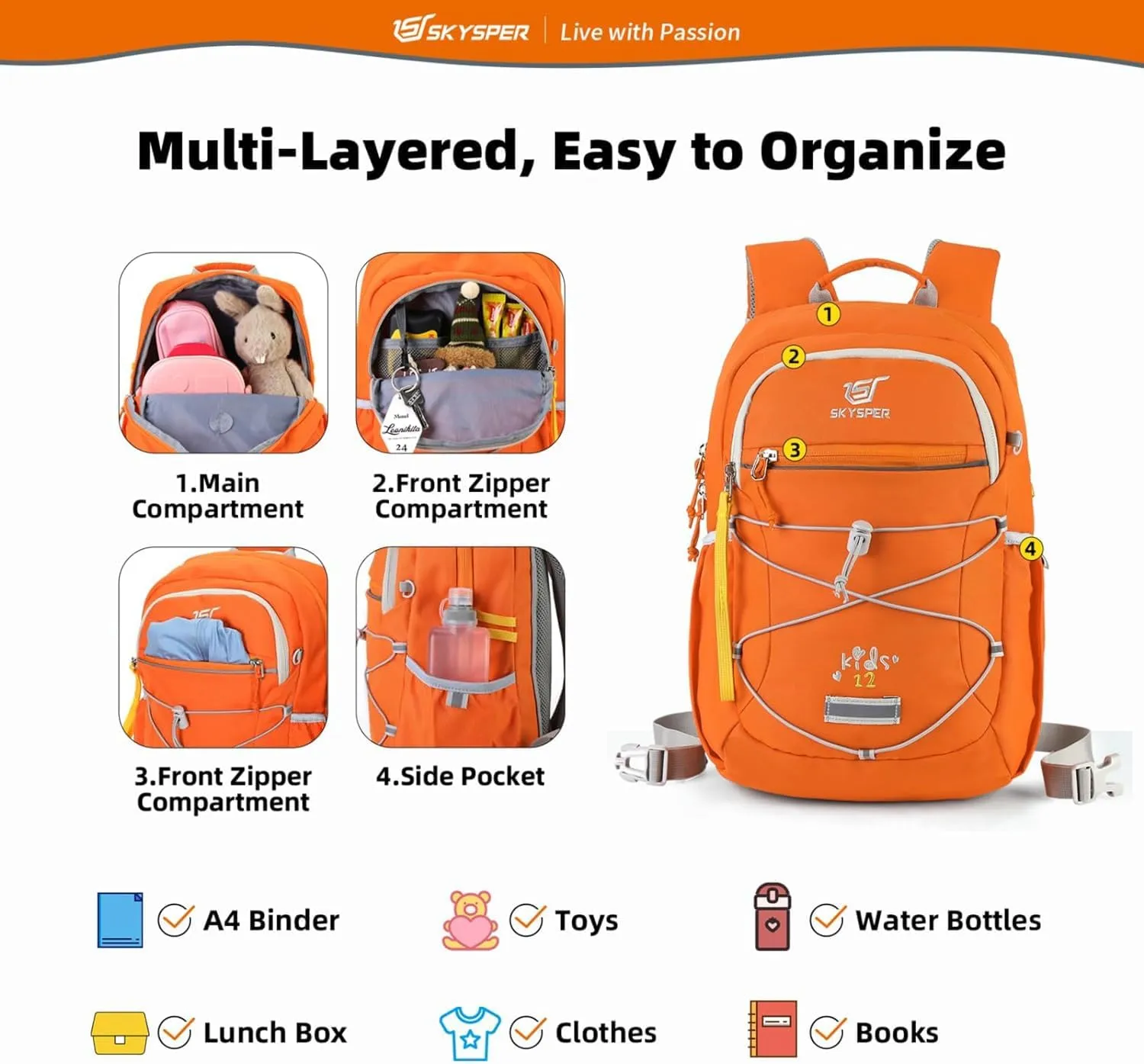 SKYSPER Kids Backpack 12L Children School Bag Child Boy Girl Pack Ages 4-8 for Traveling Day Trips Classes Camping(Orange)