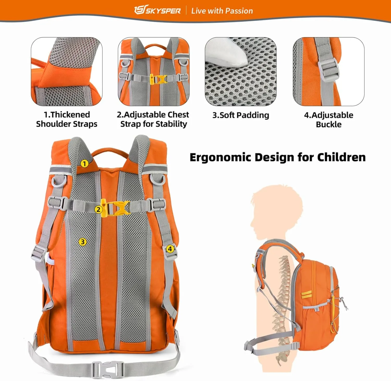 SKYSPER Kids Backpack 12L Children School Bag Child Boy Girl Pack Ages 4-8 for Traveling Day Trips Classes Camping(Orange)