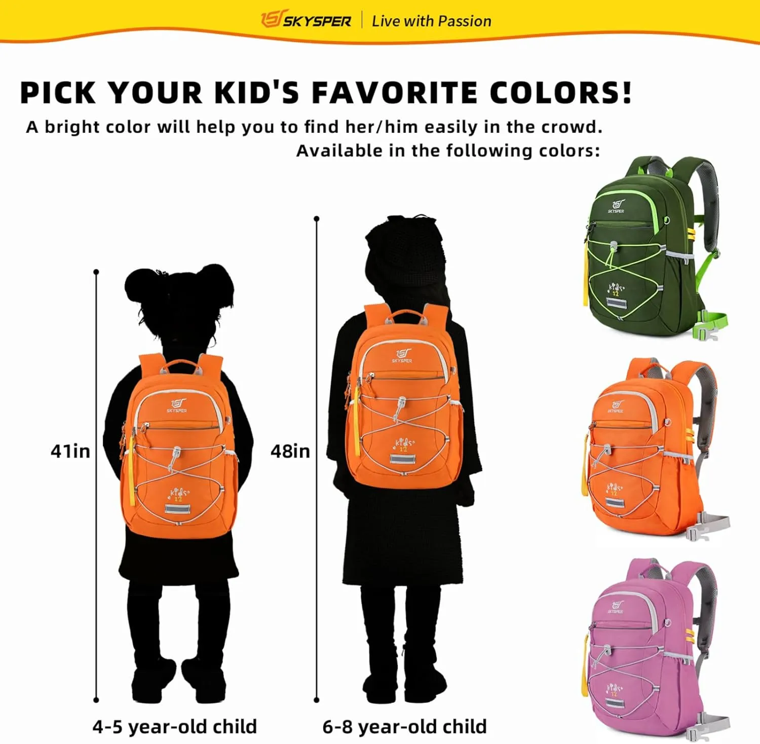 SKYSPER Kids Backpack 12L Children School Bag Child Boy Girl Pack Ages 4-8 for Traveling Day Trips Classes Camping(Orange)