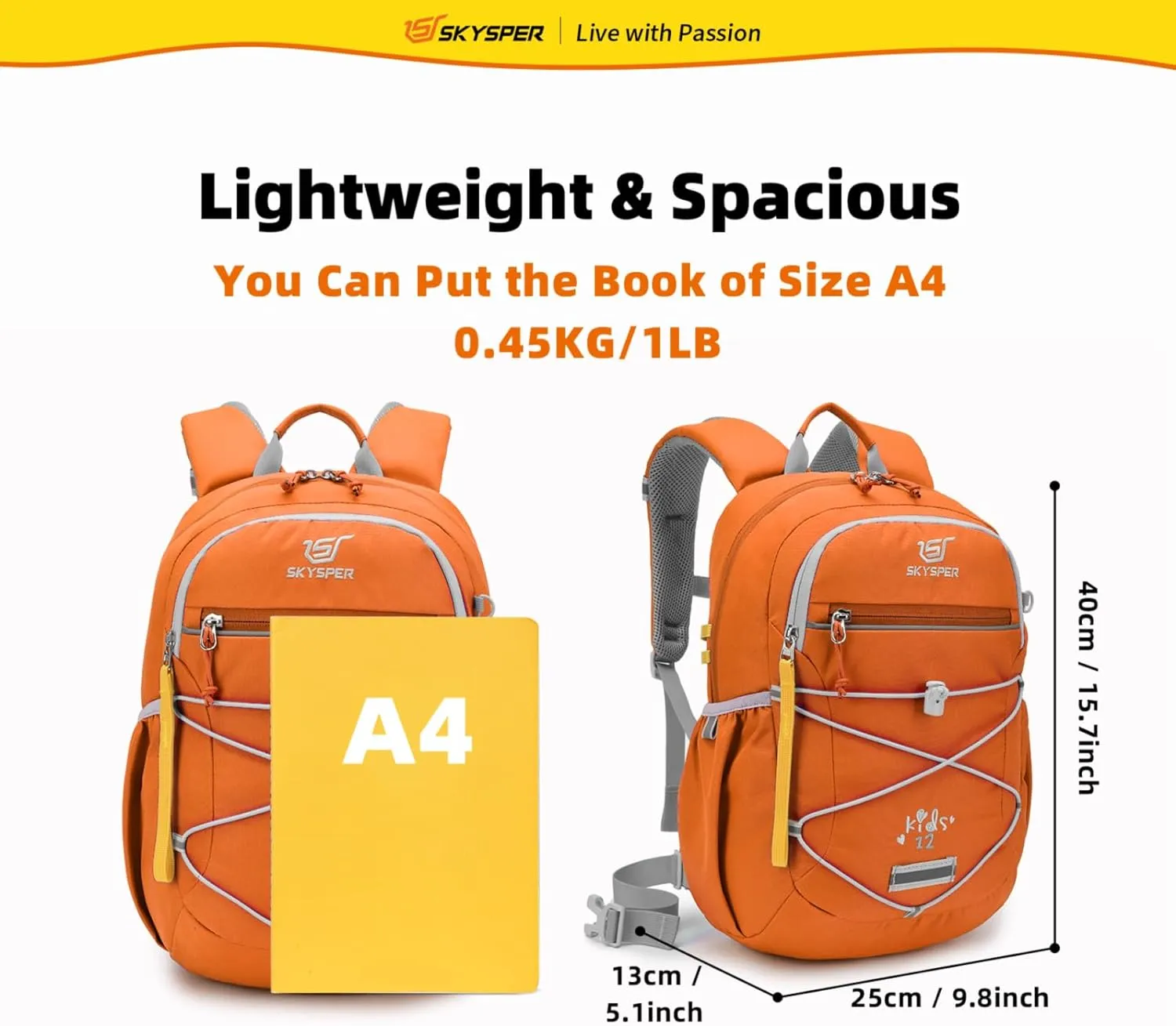 SKYSPER Kids Backpack 12L Children School Bag Child Boy Girl Pack Ages 4-8 for Traveling Day Trips Classes Camping(Orange)