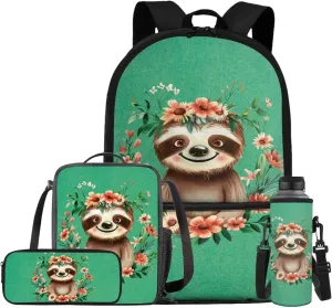 Sloth Backpacks for Girls with Lunch Bag Green Book Bag for Girls 10-12 Elementary Middle School Backpack Set 4 in 1 Lightweight Shoulder Bags Daypack