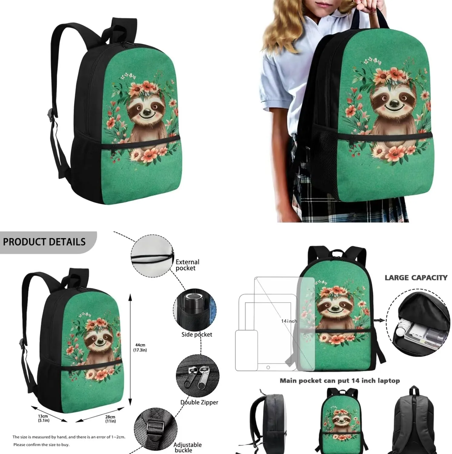 Sloth Backpacks for Girls with Lunch Bag Green Book Bag for Girls 10-12 Elementary Middle School Backpack Set 4 in 1 Lightweight Shoulder Bags Daypack