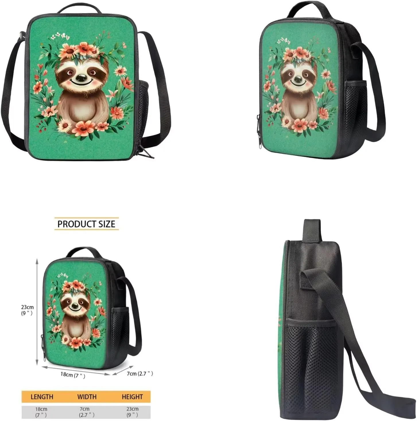 Sloth Backpacks for Girls with Lunch Bag Green Book Bag for Girls 10-12 Elementary Middle School Backpack Set 4 in 1 Lightweight Shoulder Bags Daypack