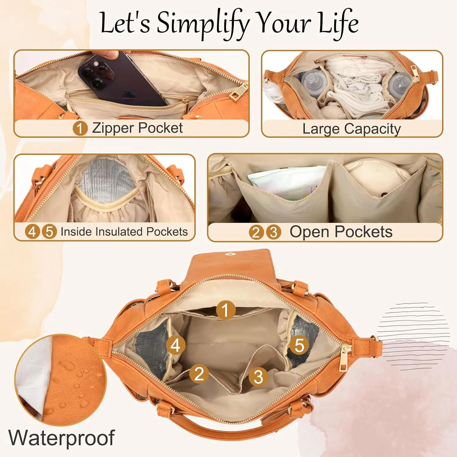 Small Diaper Bag,Mini Diaper Bag Tote, Leather Crossbody Diaper Bag Clutch with 12 Pocekts Diaper Bag Purses for Women Girls,Crossbody Strap,2 Insulated Pockets,Honey