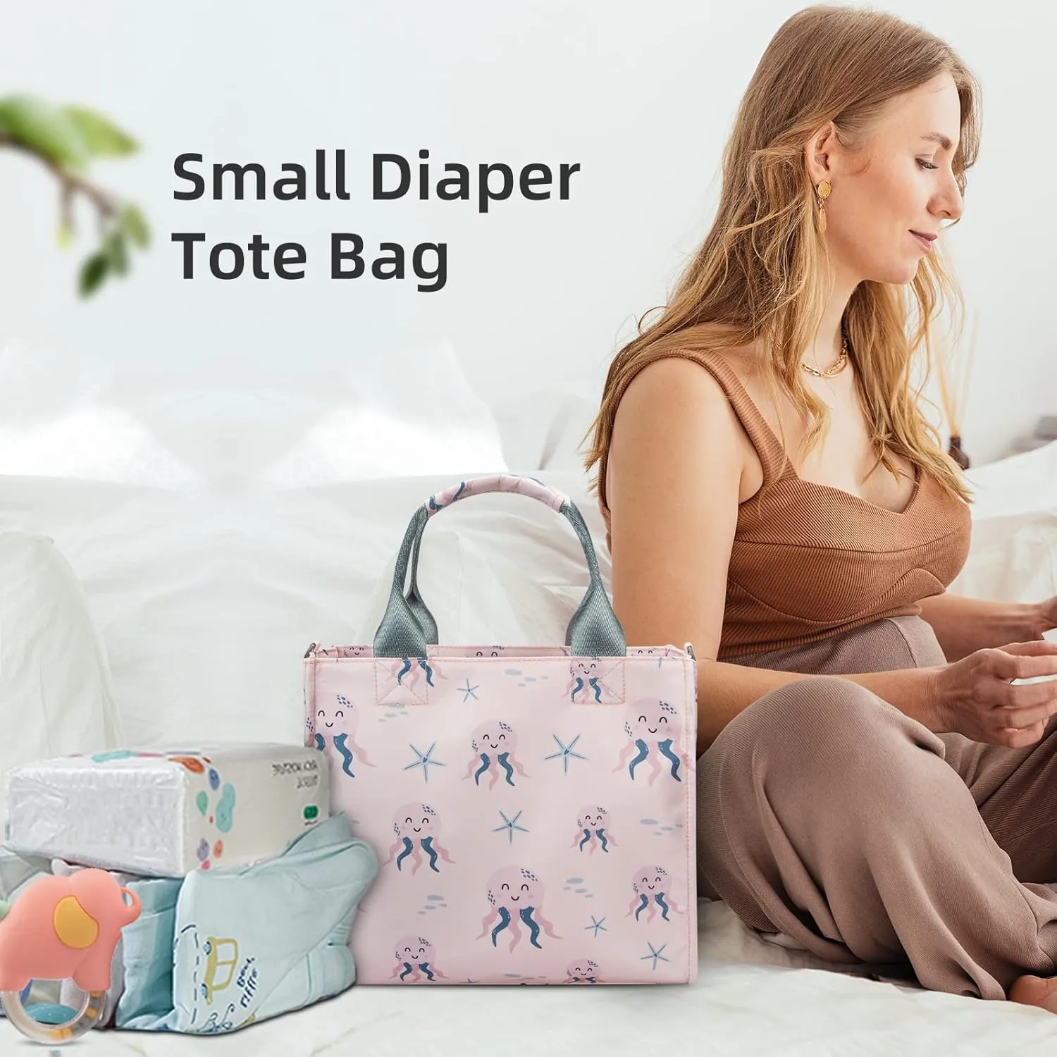 Small Diaper Bags Waterproof Travel Tote Mini Diaper Bag Multi-Function Baby Bags Crossbody Purse(Pink Octopus)