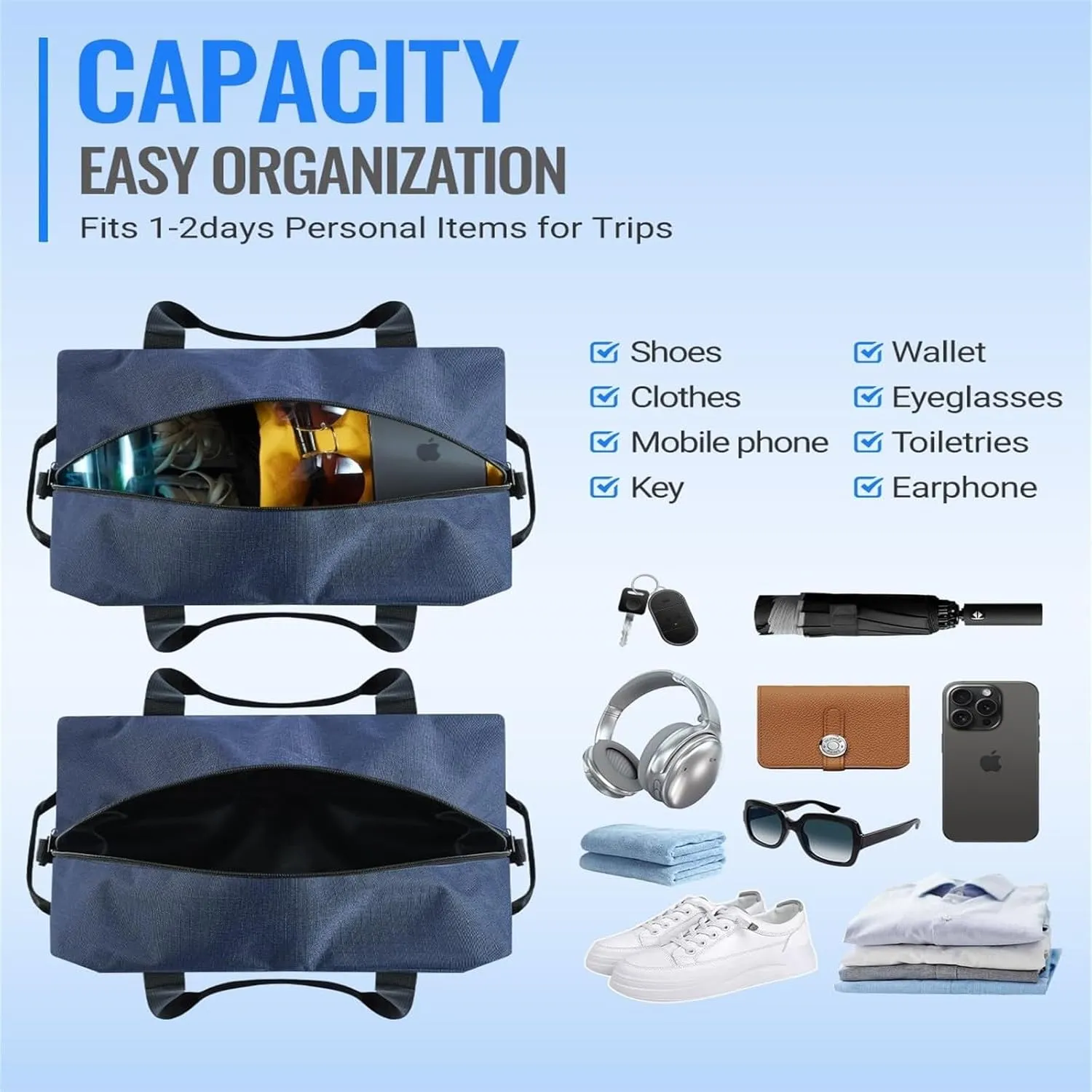Small Gym Bag 14 Inch Mini Duffel Bag Carry On Bag Lightweight TravelBag Carry On Luggage For Women And Men For Trips Or Sports (Blue, One Size)