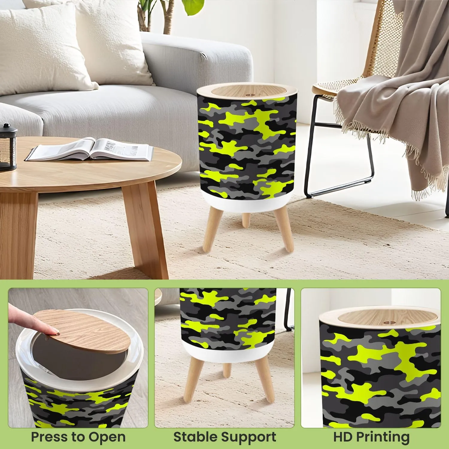 Small Trash Can with Lid Camouflage texture seamless pattern Abstract modern military for Round Press Top Garbage Can with Legs Trash Bin Waste Basket for Kitchen Bedroom Bathroom 7L/1.8 Gallon