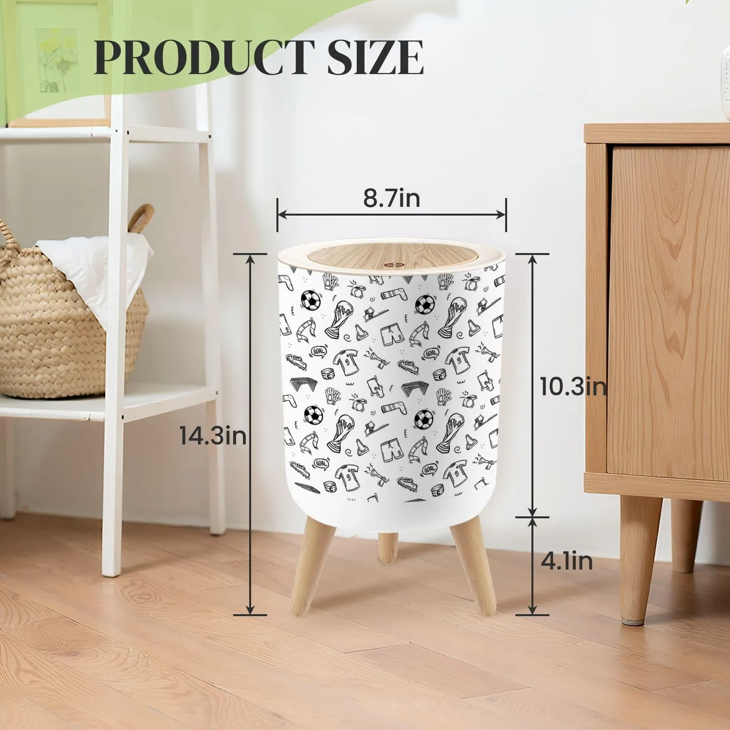 Small Trash Can with Lid Seamless doodle football Hand drawn style outline black white Round Press Top Garbage Can with Legs Trash Bin Waste Basket for Kitchen Bedroom Bathroom 7L/1.8 Gallon