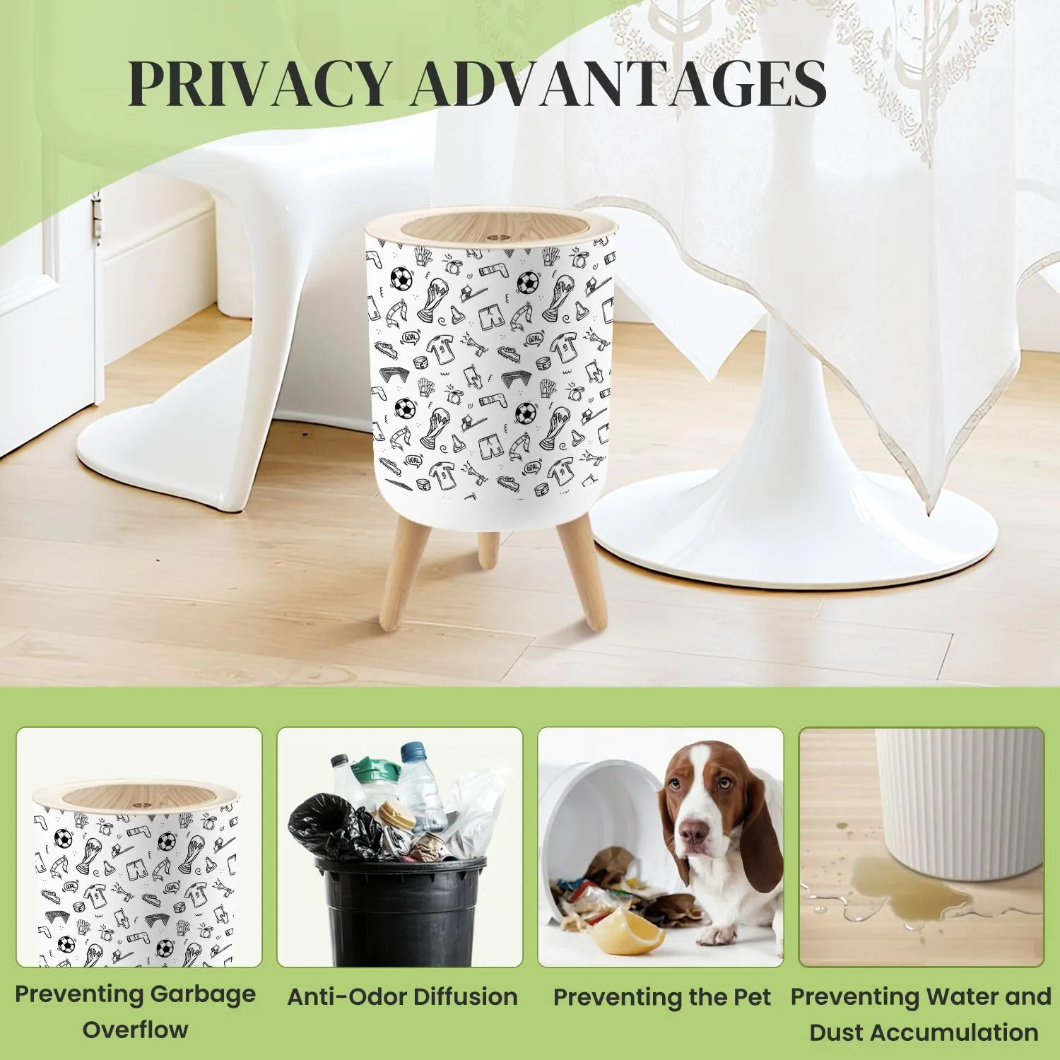 Small Trash Can with Lid Seamless doodle football Hand drawn style outline black white Round Press Top Garbage Can with Legs Trash Bin Waste Basket for Kitchen Bedroom Bathroom 7L/1.8 Gallon