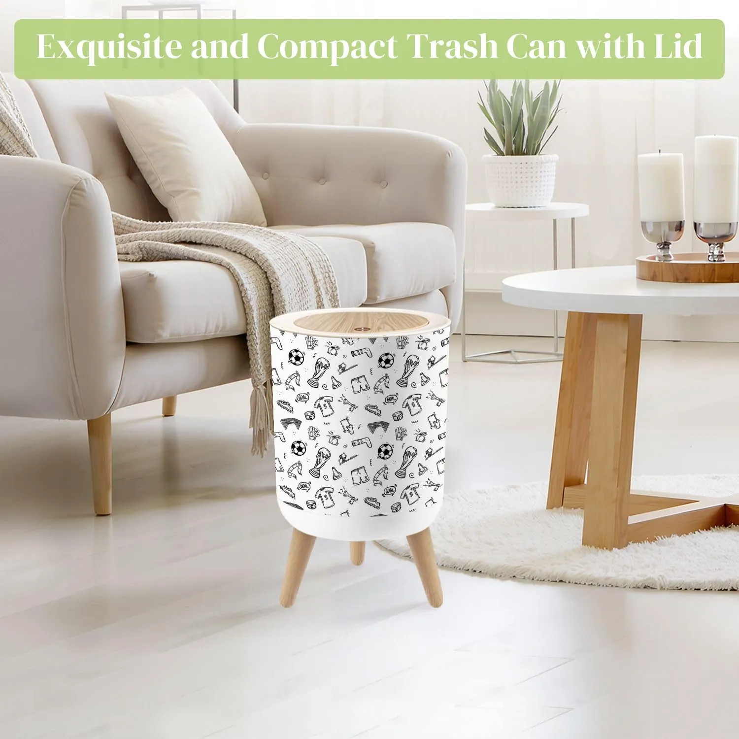Small Trash Can with Lid Seamless doodle football Hand drawn style outline black white Round Press Top Garbage Can with Legs Trash Bin Waste Basket for Kitchen Bedroom Bathroom 7L/1.8 Gallon