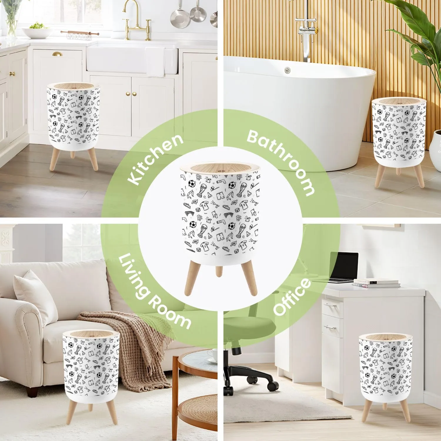 Small Trash Can with Lid Seamless doodle football Hand drawn style outline black white Round Press Top Garbage Can with Legs Trash Bin Waste Basket for Kitchen Bedroom Bathroom 7L/1.8 Gallon