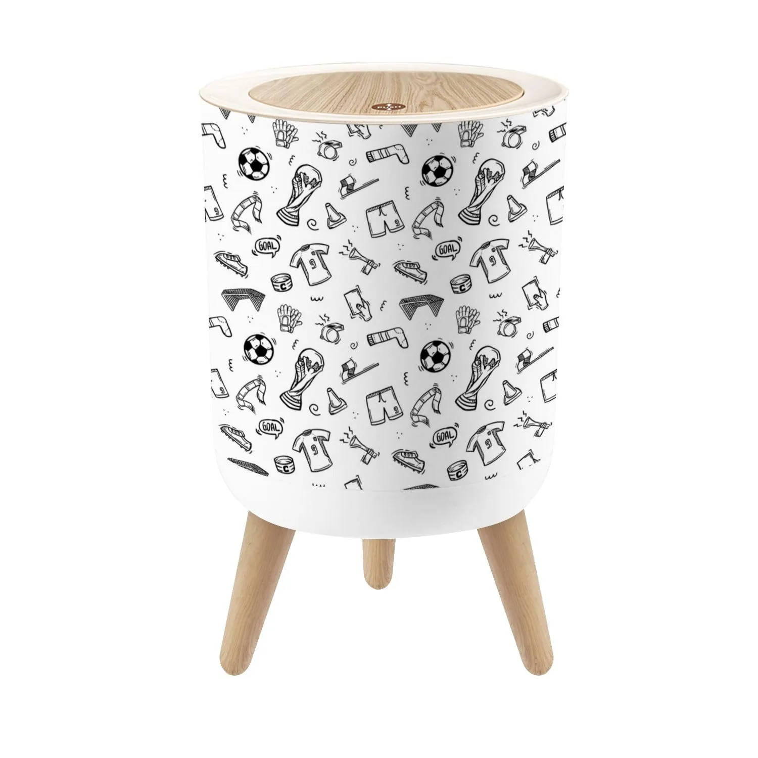 Small Trash Can with Lid Seamless doodle football Hand drawn style outline black white Round Press Top Garbage Can with Legs Trash Bin Waste Basket for Kitchen Bedroom Bathroom 7L/1.8 Gallon