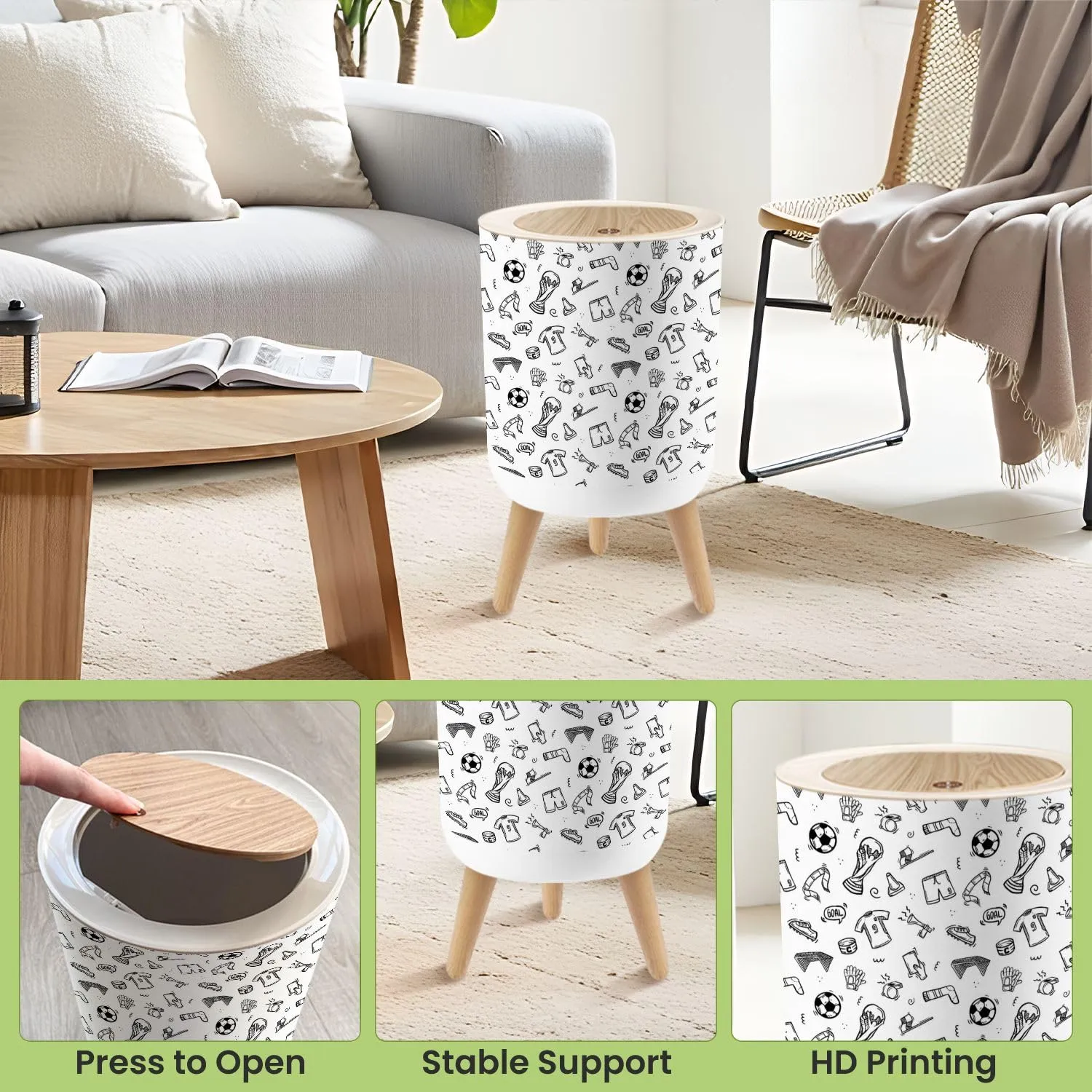 Small Trash Can with Lid Seamless doodle football Hand drawn style outline black white Round Press Top Garbage Can with Legs Trash Bin Waste Basket for Kitchen Bedroom Bathroom 7L/1.8 Gallon