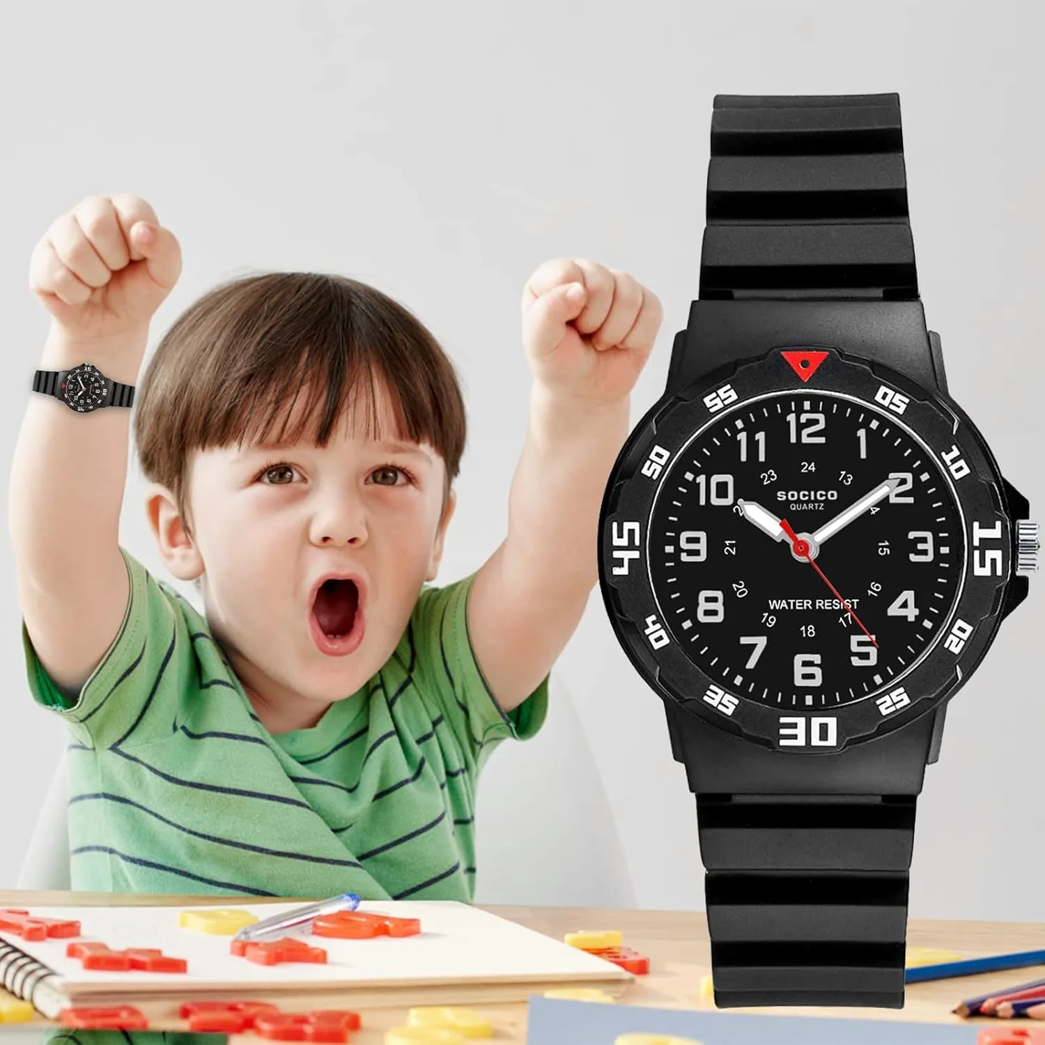 SOCICO Children Analog Watch for Boys Girls Waterproof Time Teaching Watch with Soft Band, Learning Time Wrist Watch Easy to Read Christmas Gifts for Kids Ages 3-12 Great Gifts