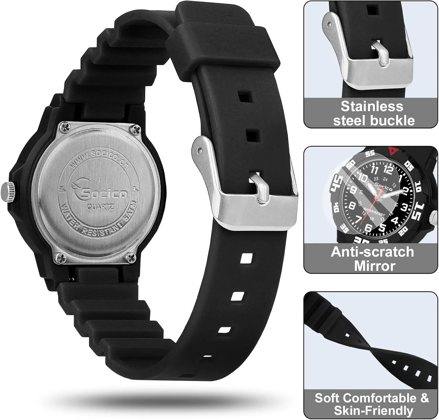 SOCICO Children Analog Watch for Boys Girls Waterproof Time Teaching Watch with Soft Band, Learning Time Wrist Watch Easy to Read Christmas Gifts for Kids Ages 3-12 Great Gifts