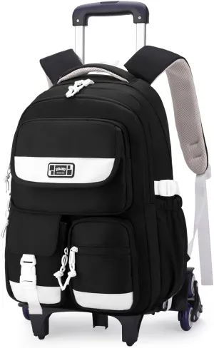 Solid Color Rolling Backpack for Girls Boys Cute Elementary school bag with wheels,Black Trolley Bags for Travel