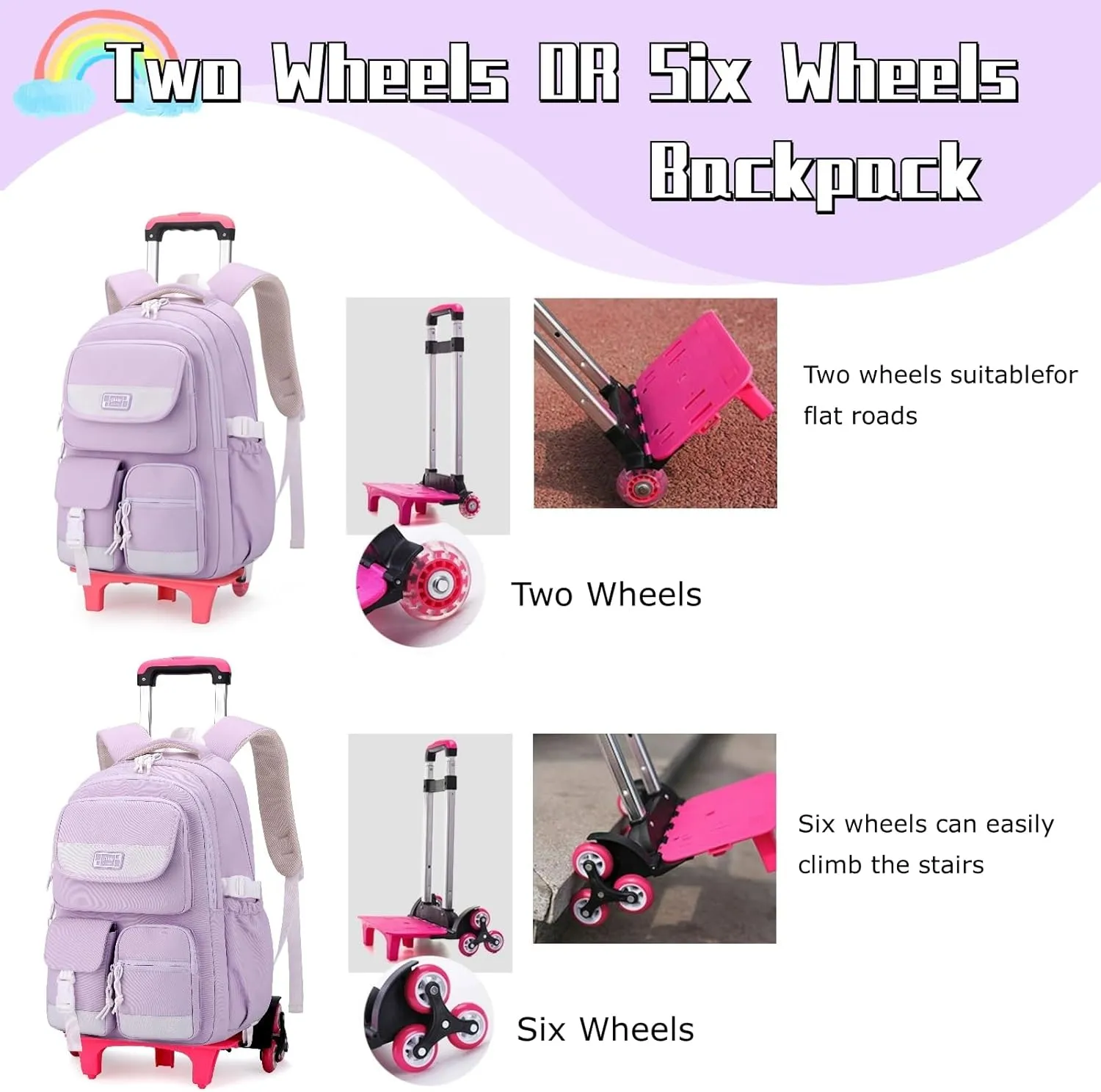 Solid Color Rolling Backpack for Girls Boys Cute Elementary school bag with wheels,Black Trolley Bags for Travel