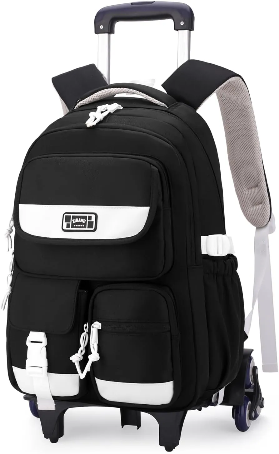 Solid Color Rolling Backpack for Girls Boys Cute Elementary school bag with wheels,Black Trolley Bags for Travel